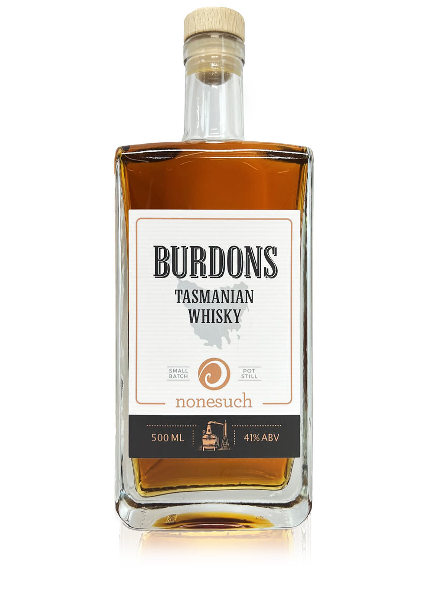 A bottle of Burdons Tasmanian whisky on a white background with reflection