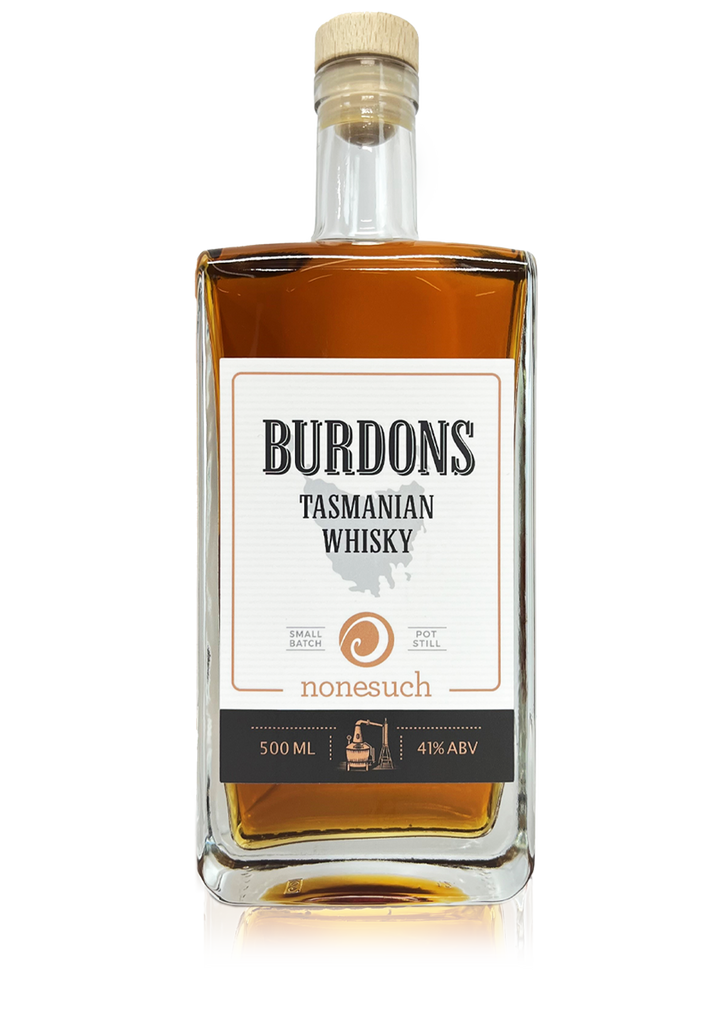 A bottle of Burdons Tasmanian whisky on a white background with reflection