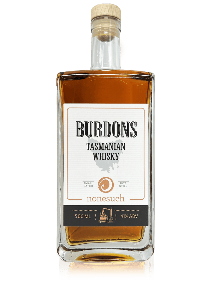 a bottle of Burdons Tasmanian whisky with a reflection below